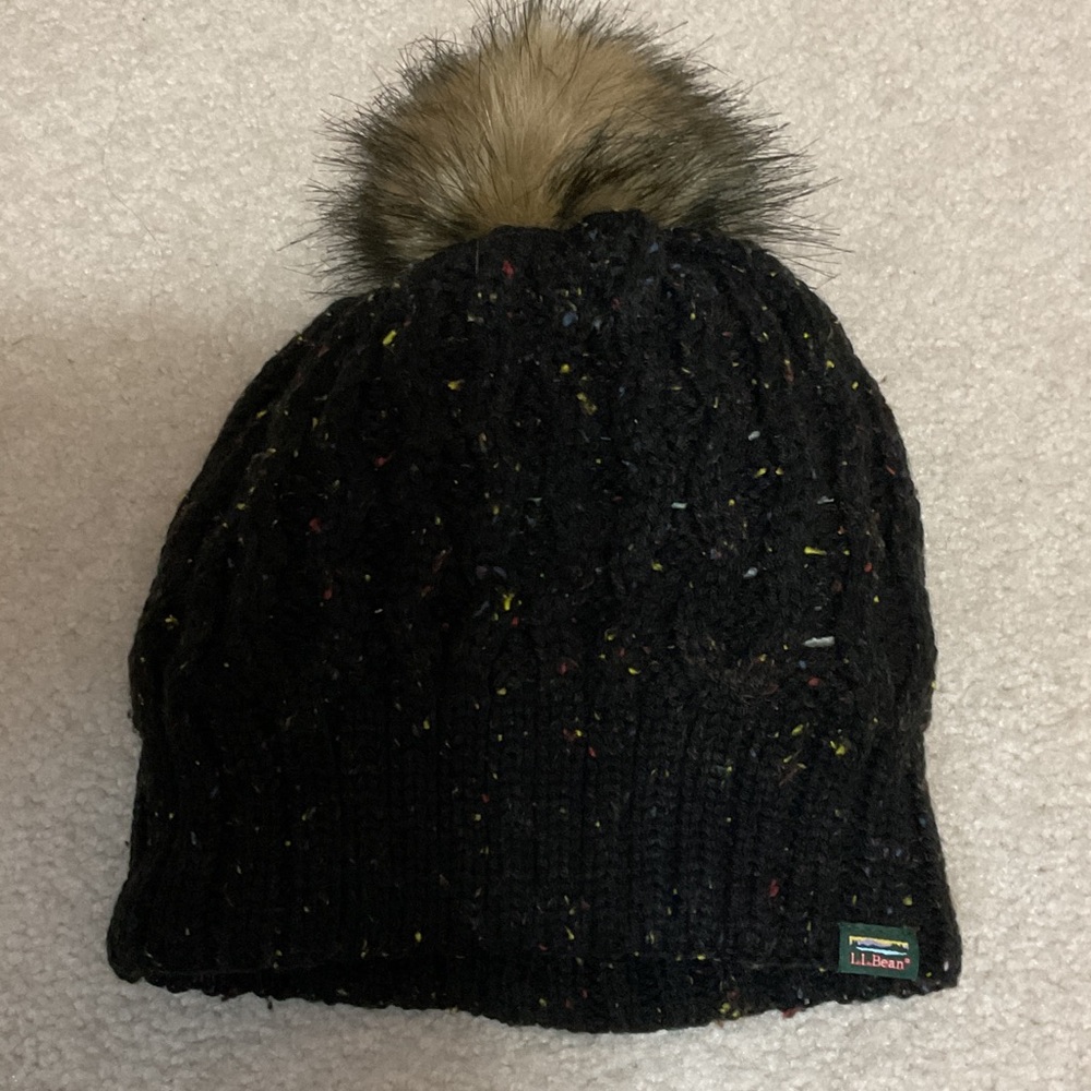 L.L. Bean Speckled Black Knit Hat with Faux Fur Pom-Pom